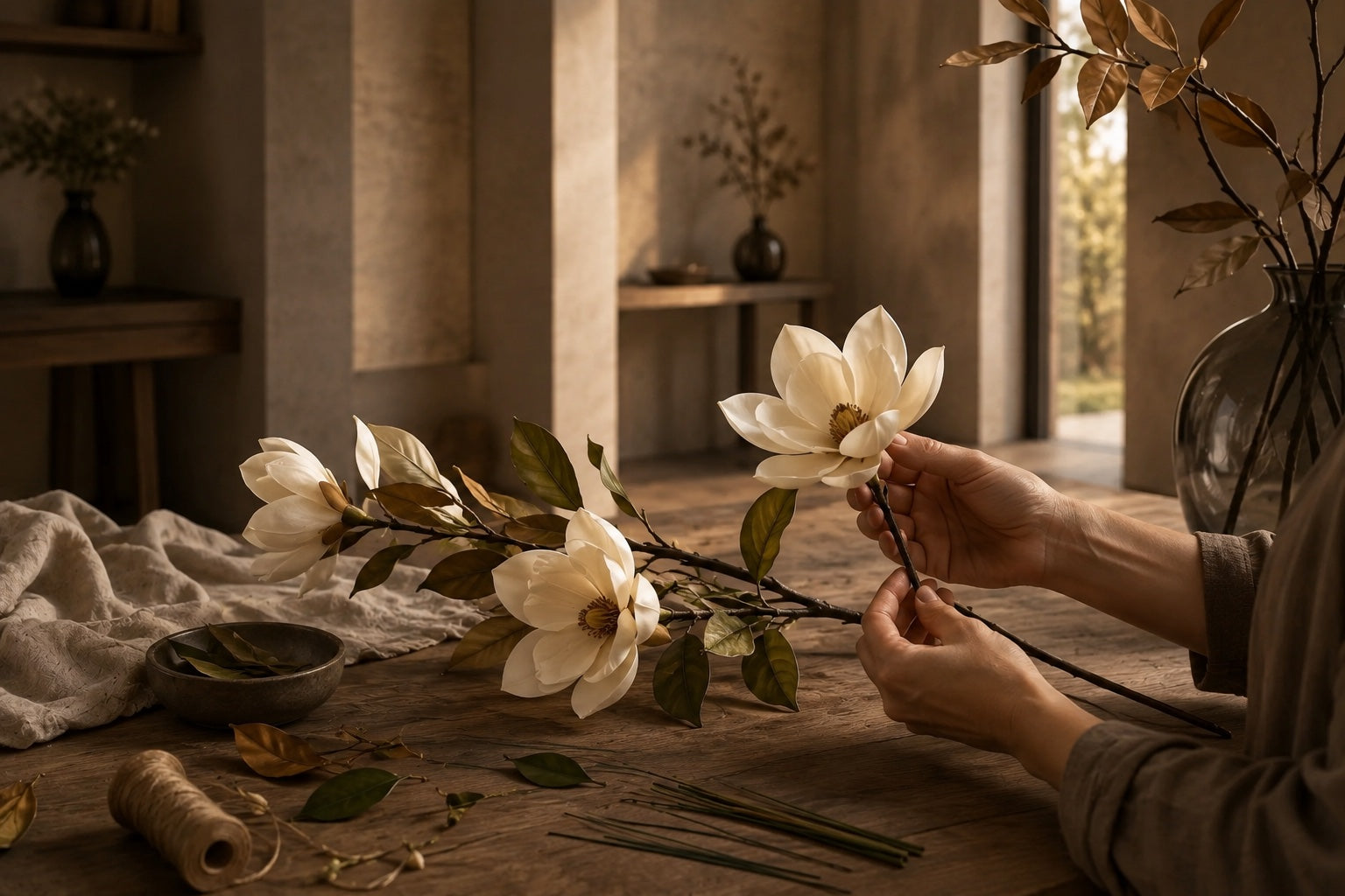 Detailed faux magnolia petals and wired stems being examined on an atelier worktable