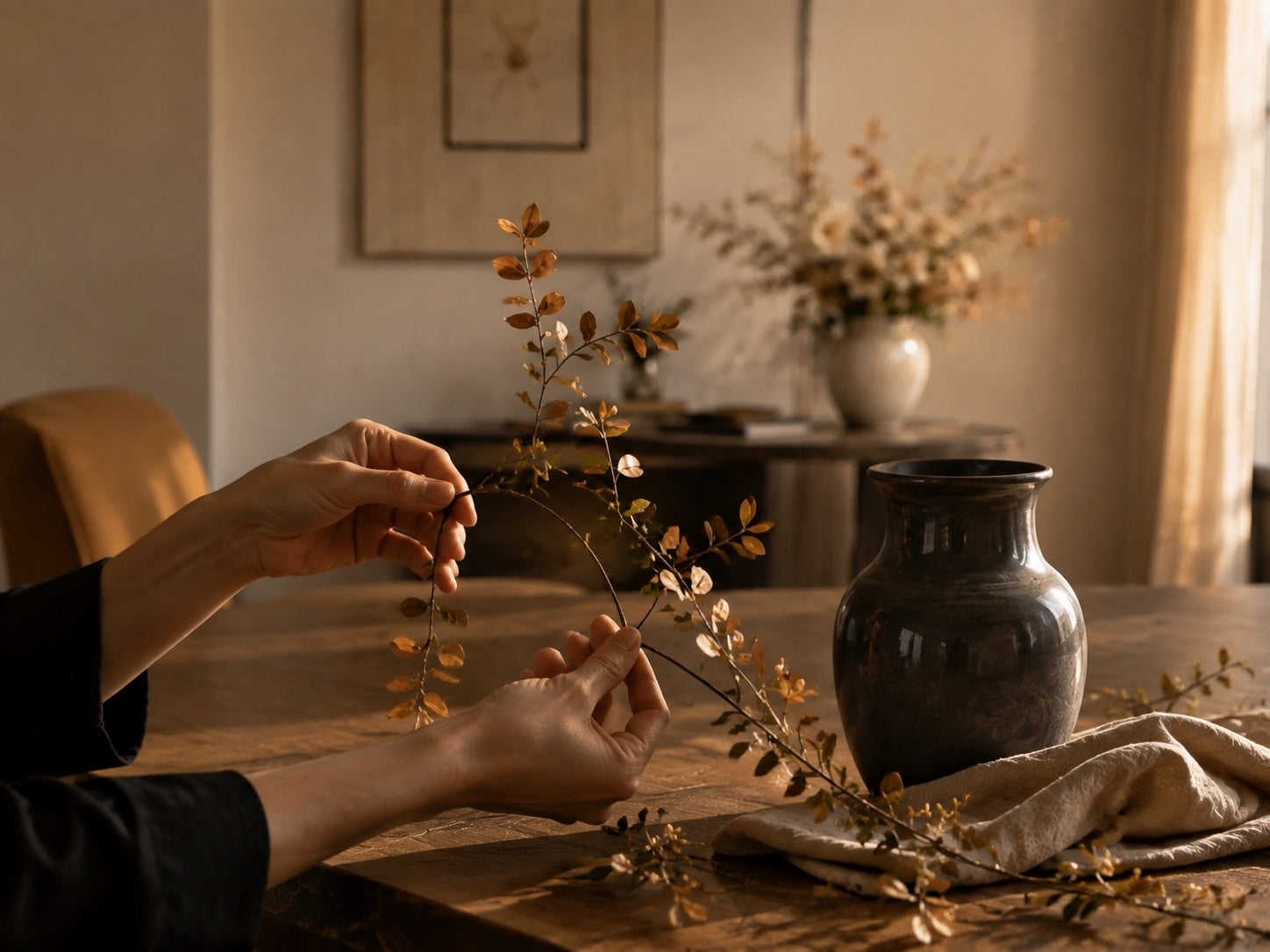 A wired faux branch being supported and gently reshaped by hand