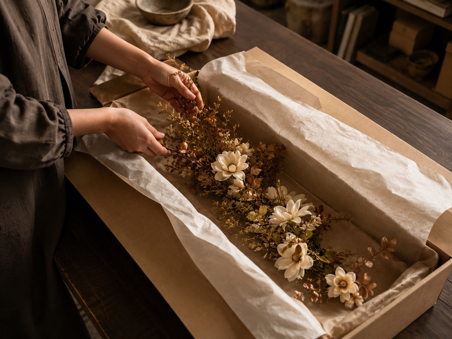 Long faux botanical stems protected with tissue inside a well-sized storage box