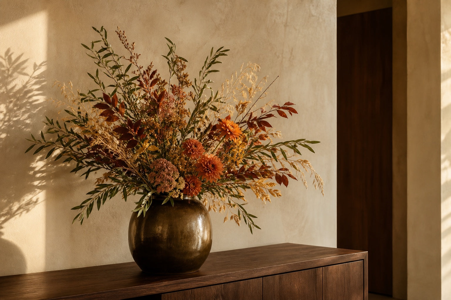 Seasonal floral arrangement styled in a considered home interior
