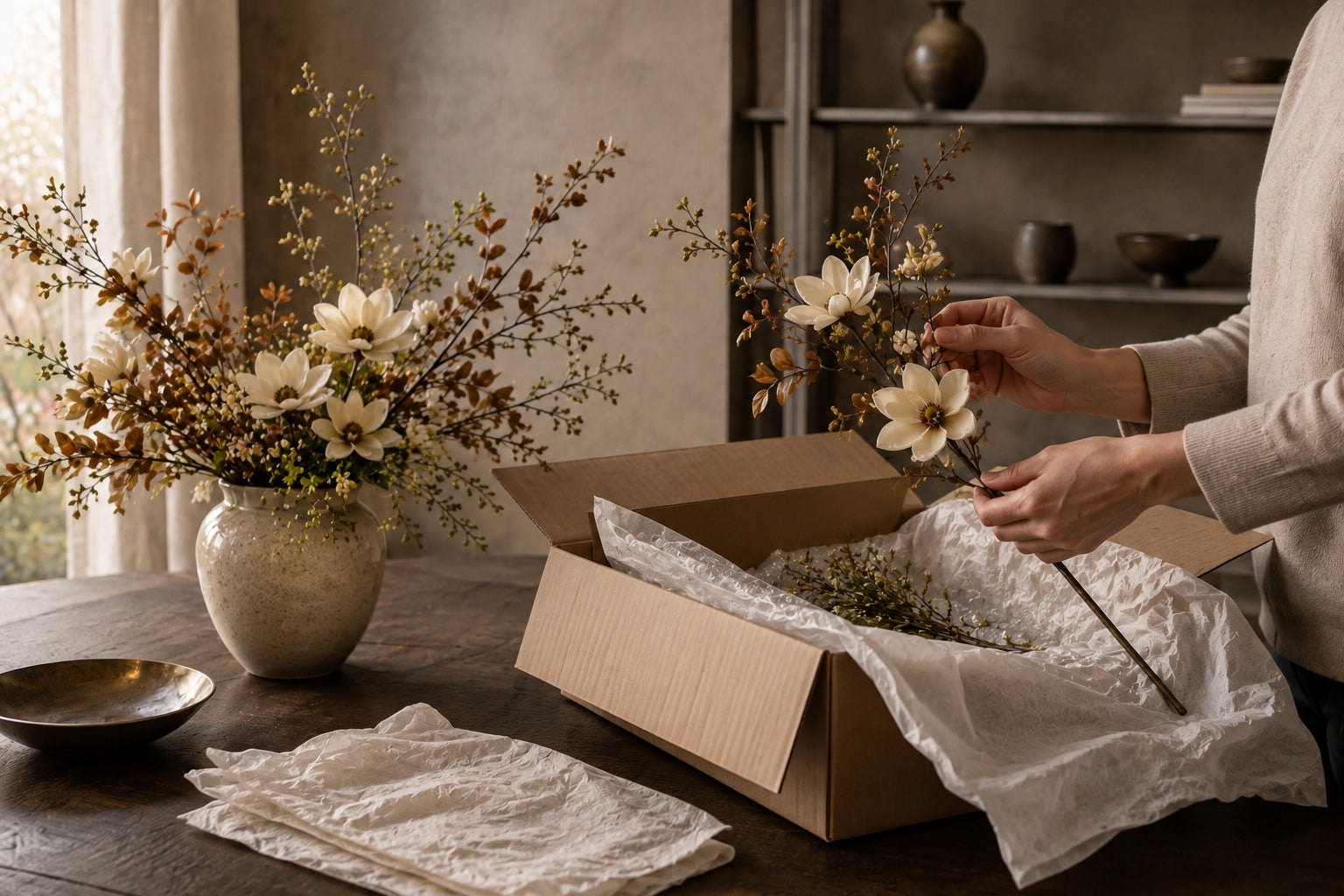 An unused faux botanical arrangement being inspected and repacked with protective tissue