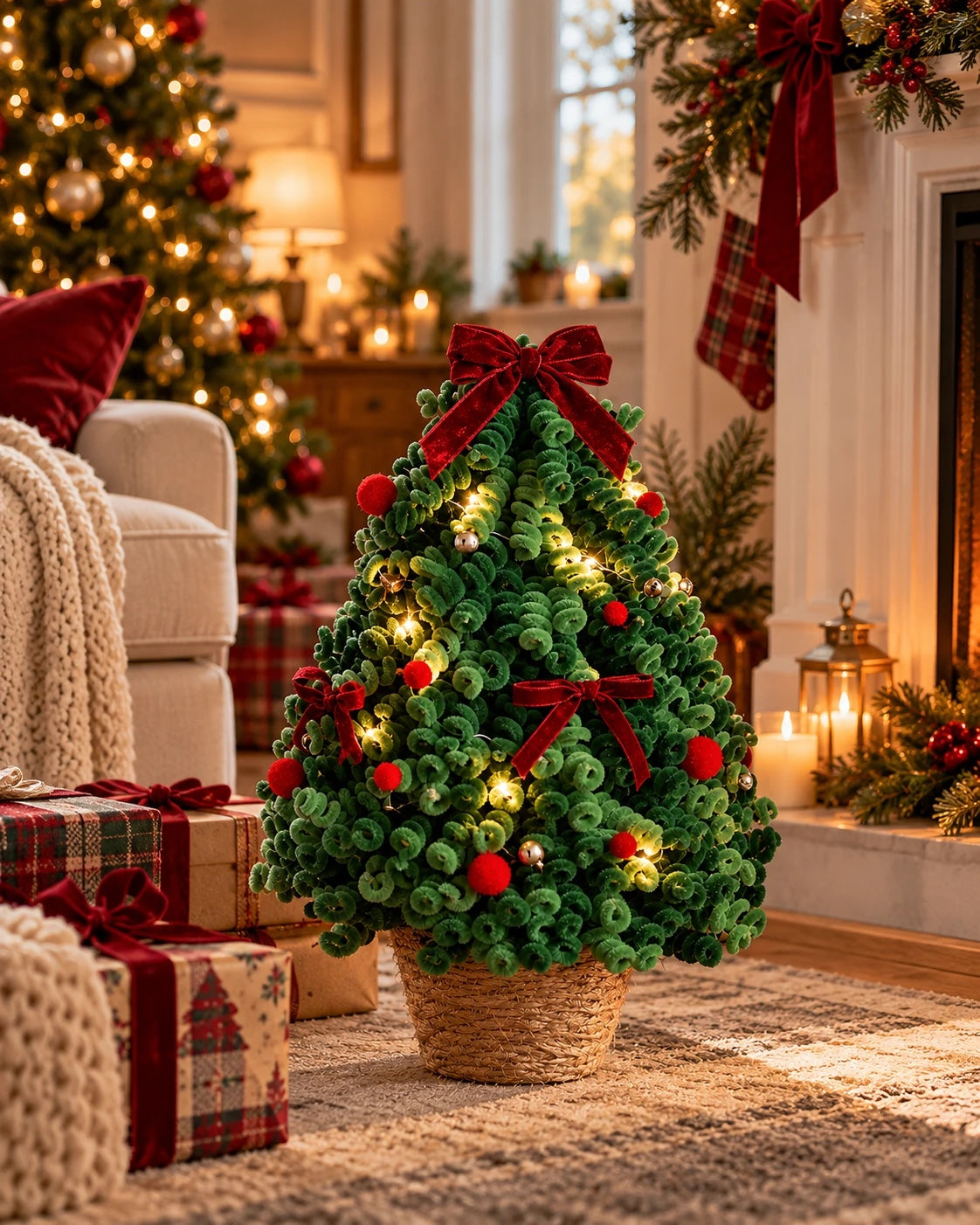 DIY Pipe Cleaner Christmas Tree Kit with Woven Basket and Lights