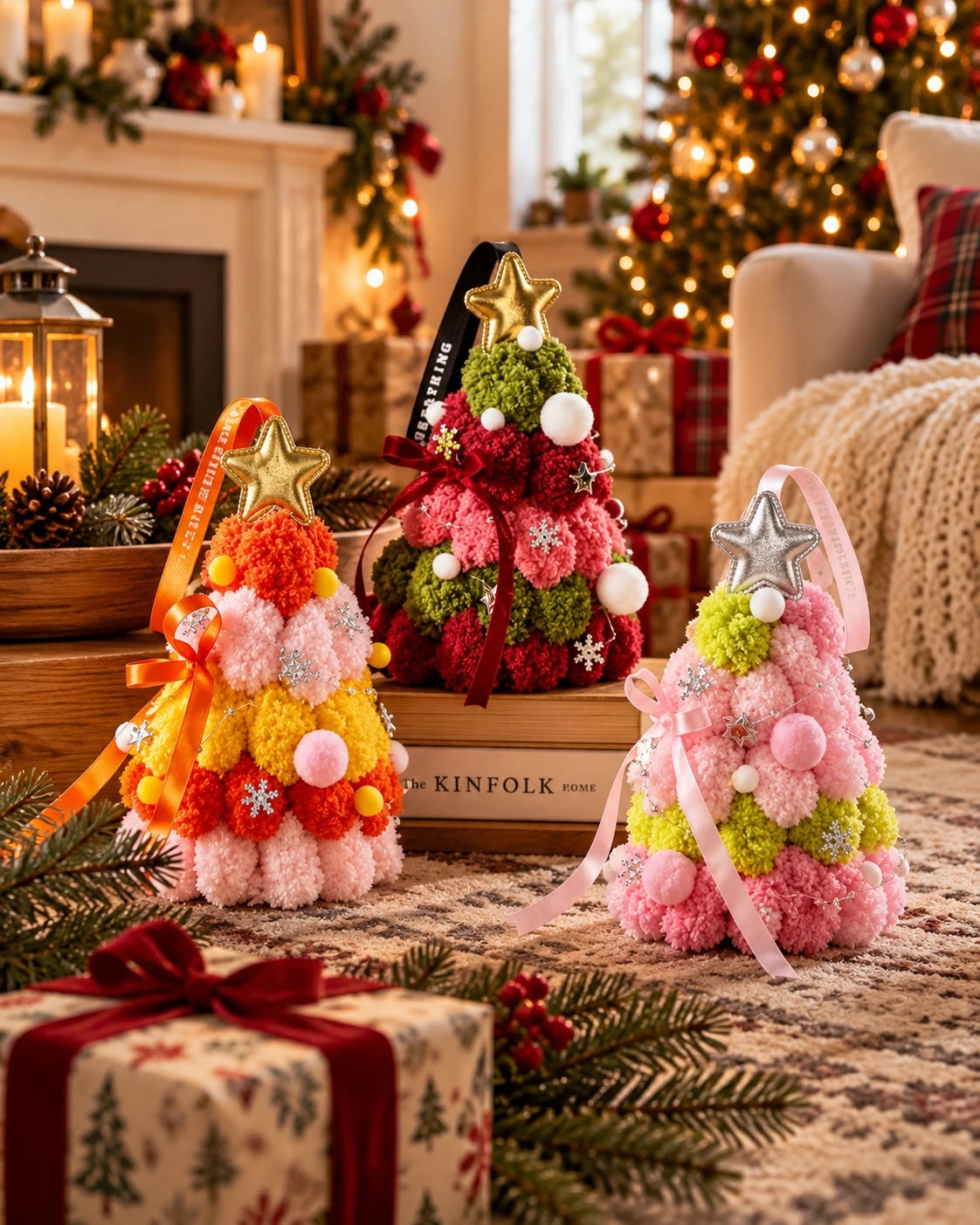 Pom-Pom Christmas Tree with Gold Star and Ribbon