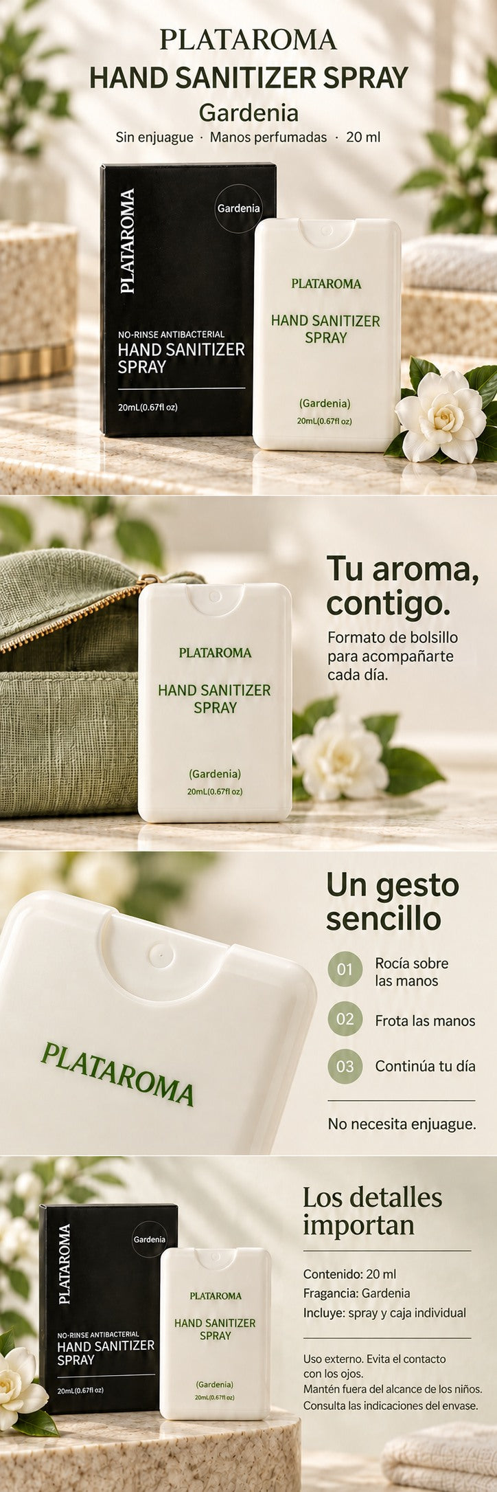 PLATAROMA Gardenia Hand Sanitizer Spray 20ml – Pocket-Sized No-Rinse Hand Sanitizer