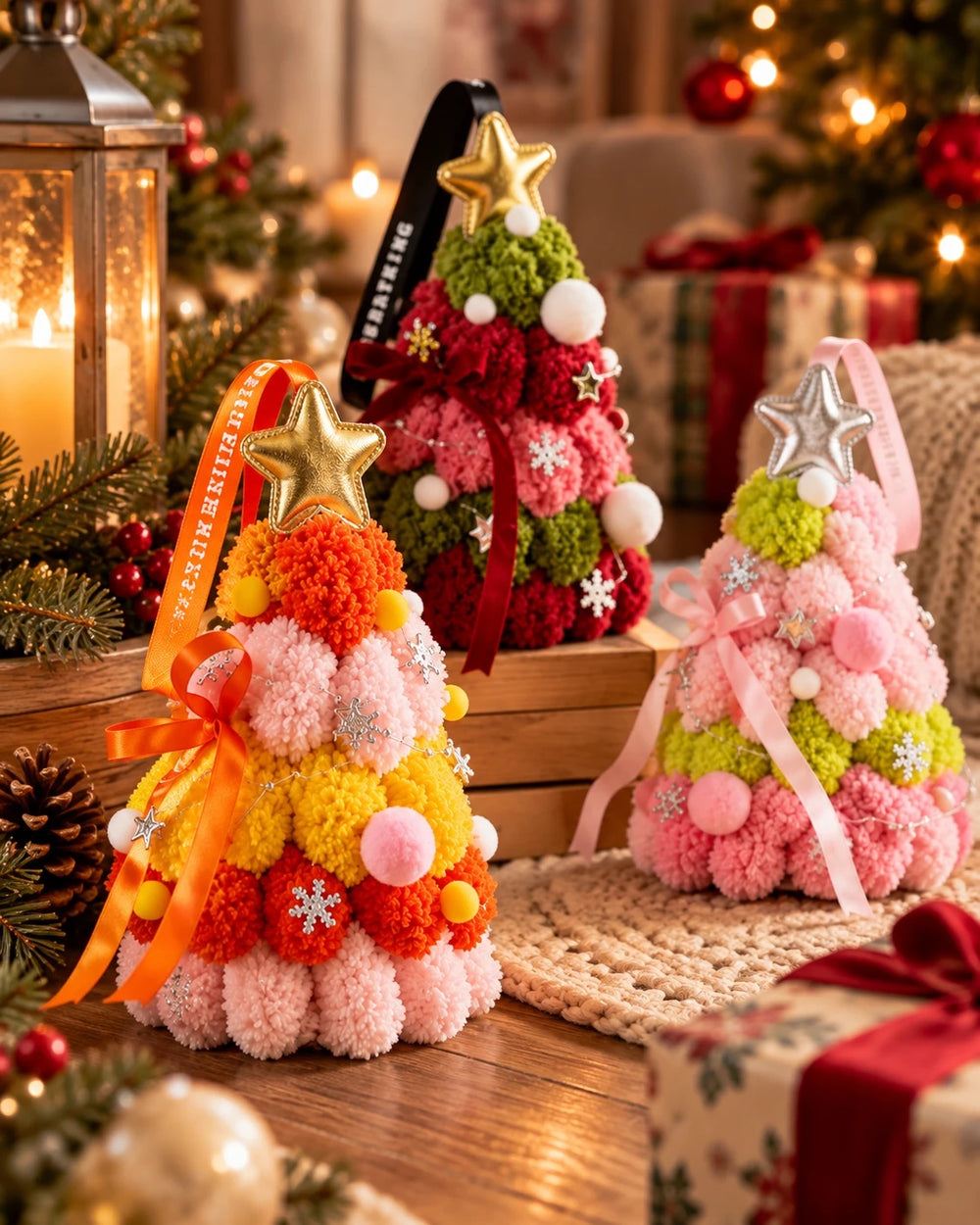 Pom-Pom Christmas Tree with Gold Star and Ribbon