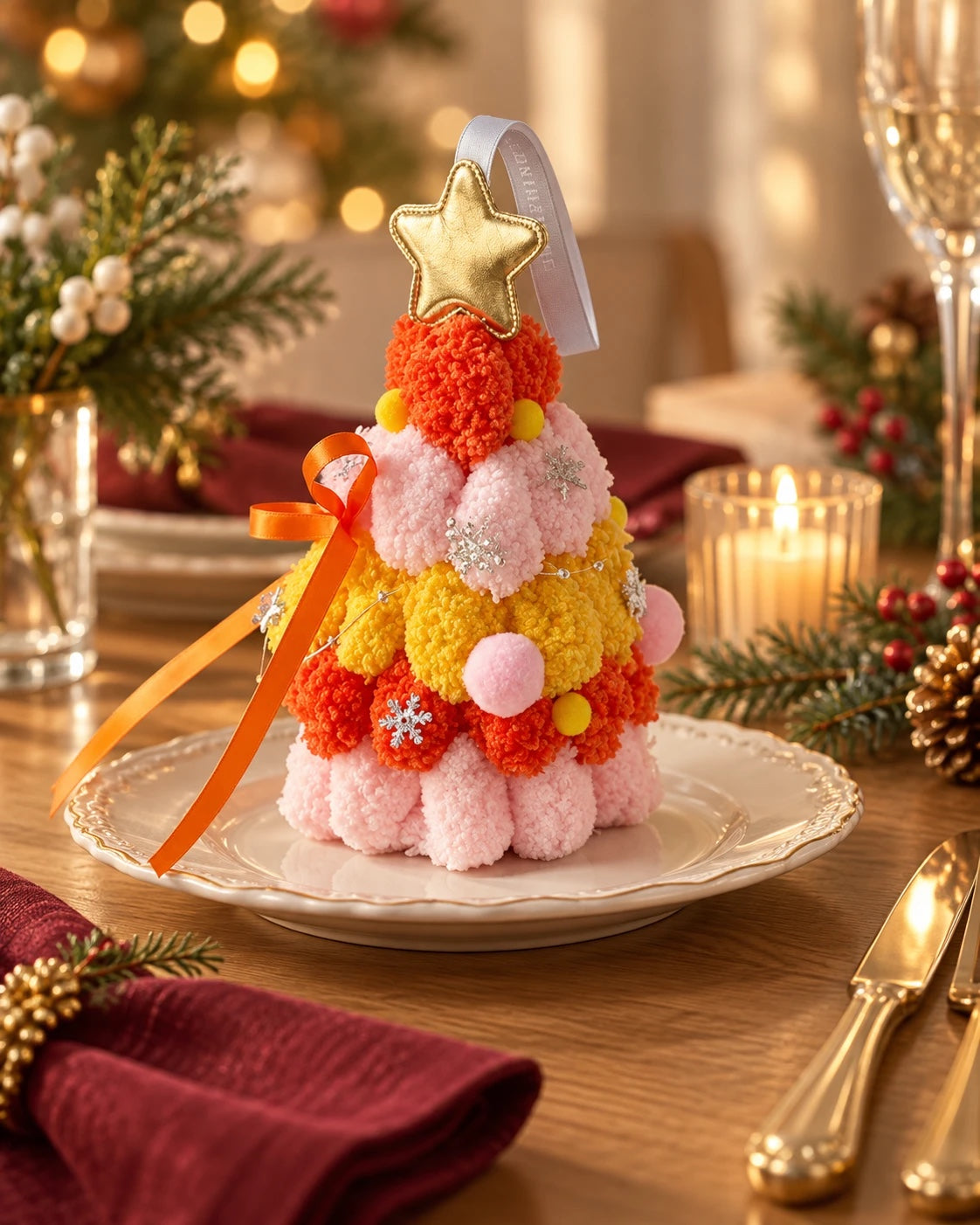 Pom-Pom Christmas Tree with Gold Star and Ribbon