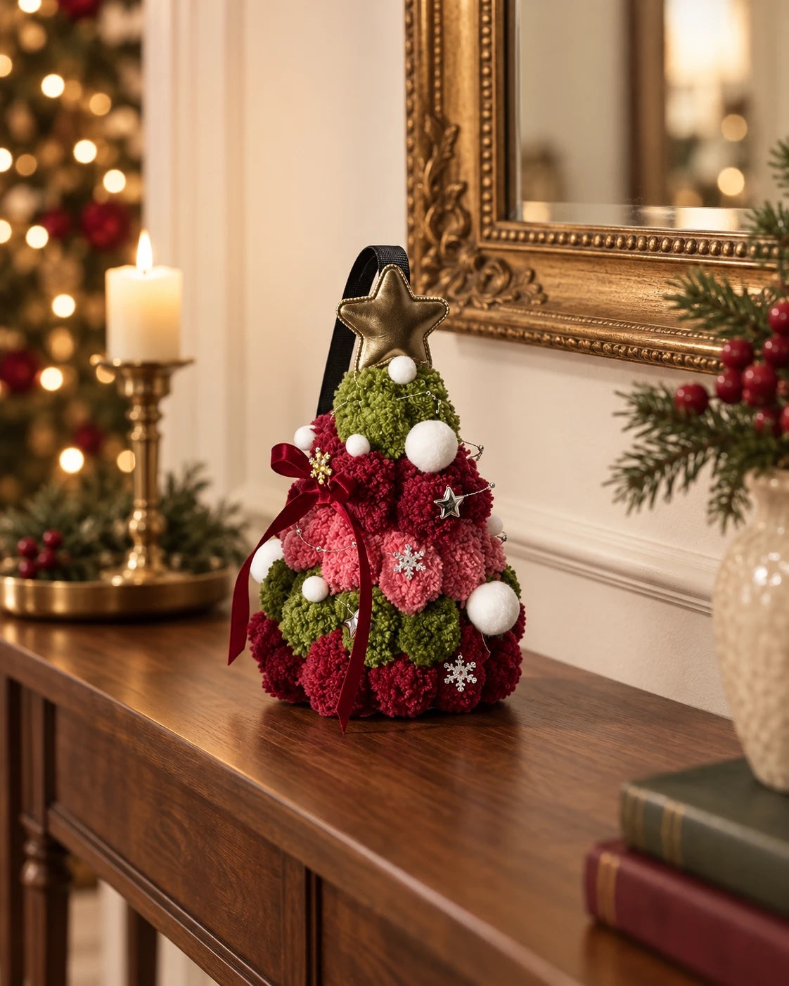 Pom-Pom Christmas Tree with Gold Star and Ribbon