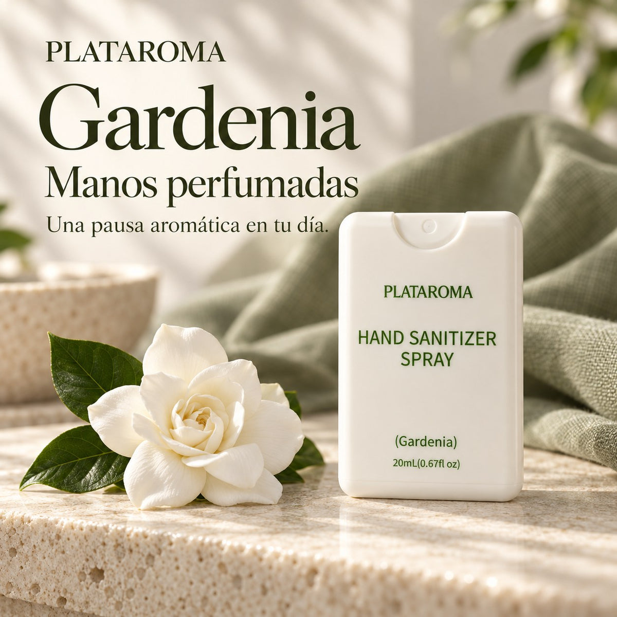 PLATAROMA Gardenia Hand Sanitizer Spray 20ml – Pocket-Sized No-Rinse Hand Sanitizer