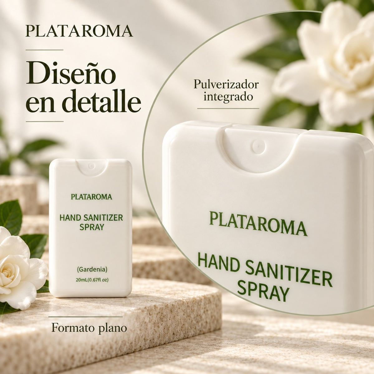 PLATAROMA Gardenia Hand Sanitizer Spray 20ml – Pocket-Sized No-Rinse Hand Sanitizer