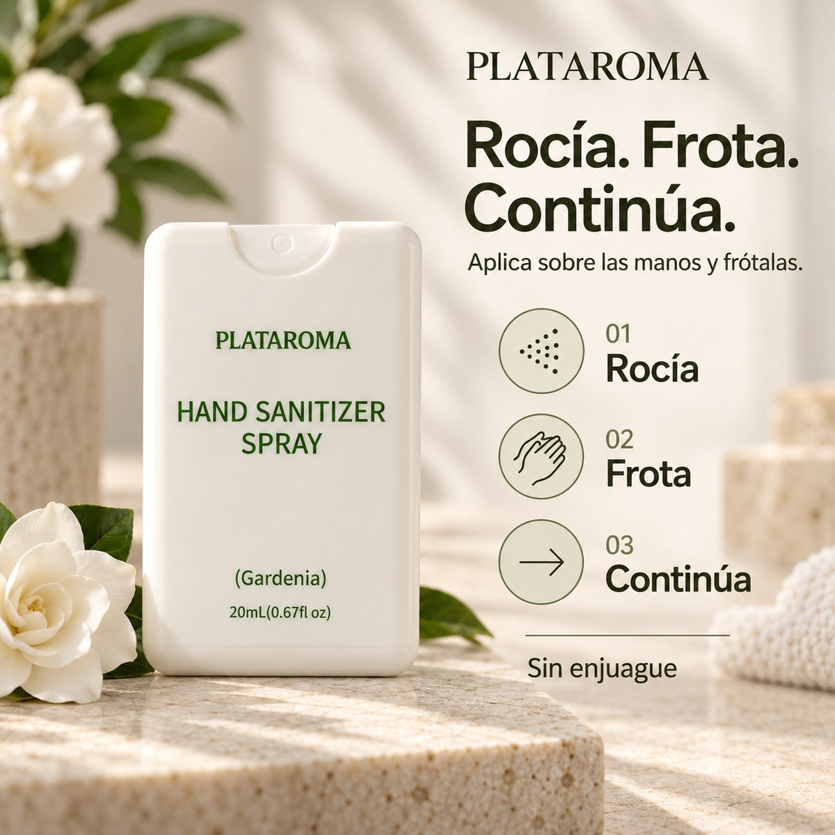 PLATAROMA Gardenia Hand Sanitizer Spray 20ml – Pocket-Sized No-Rinse Hand Sanitizer