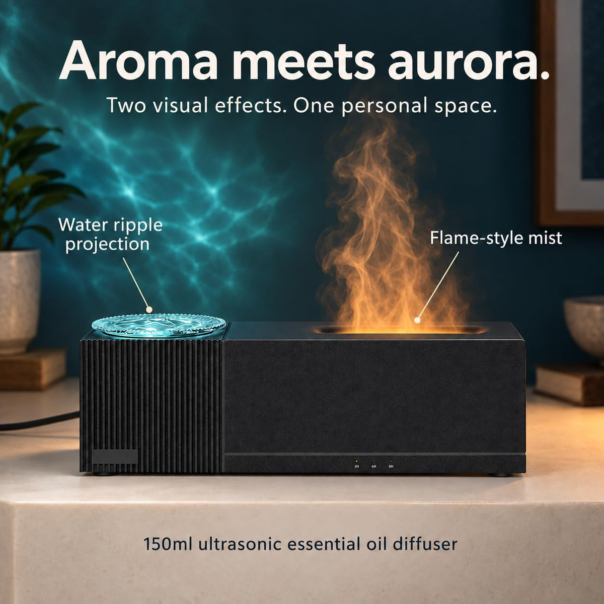 Water Ripple Flame Mist Aroma Diffuser, 150ml Ultrasonic Humidifier with 7-Color Ambient Light, Remote & Timer