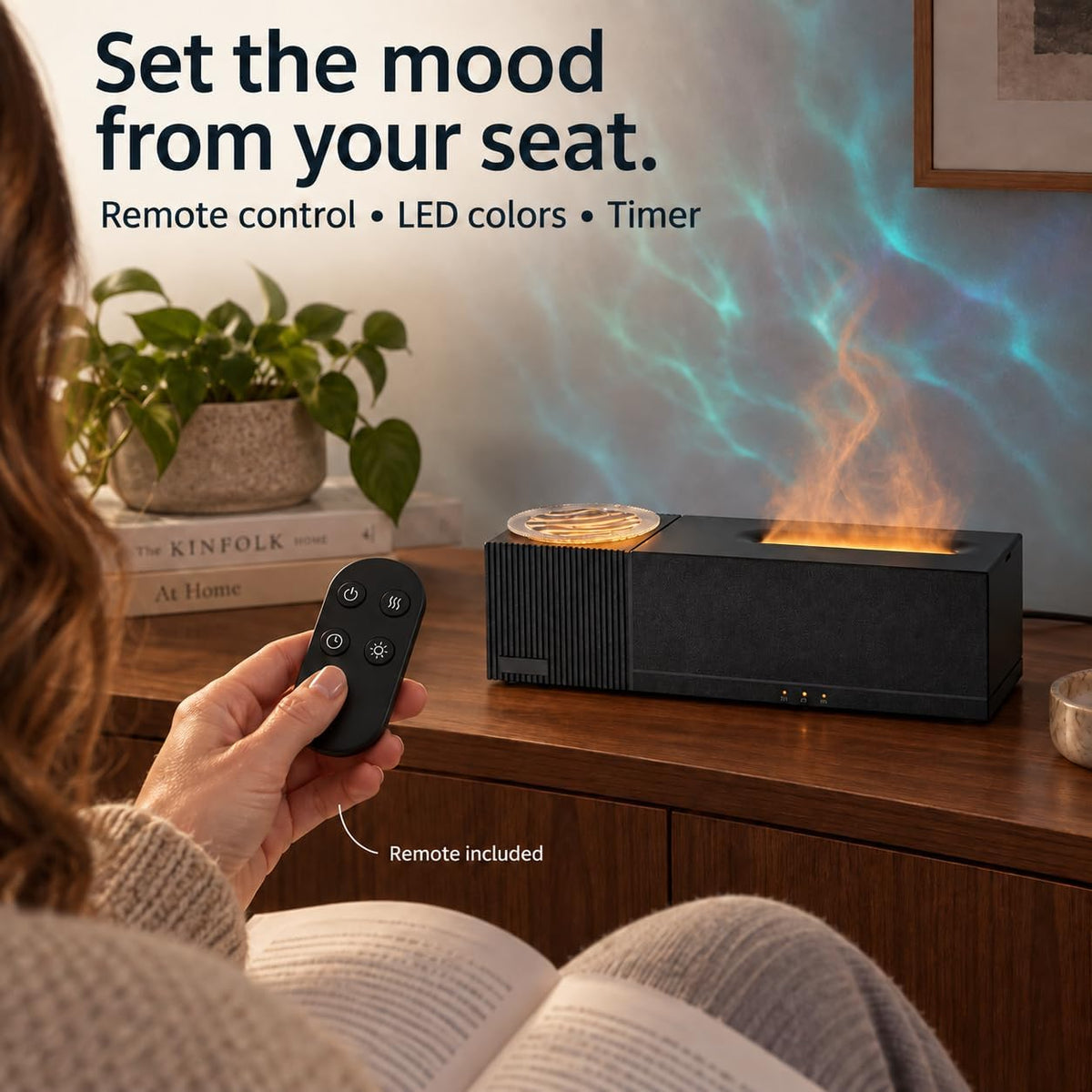 Water Ripple Flame Mist Aroma Diffuser, 150ml Ultrasonic Humidifier with 7-Color Ambient Light, Remote & Timer