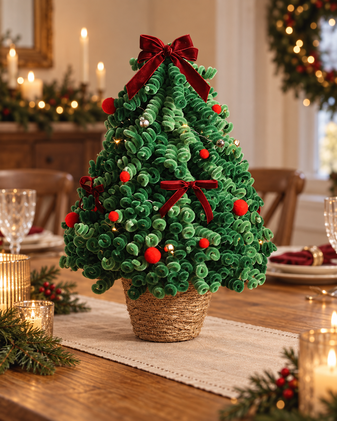 DIY Pipe Cleaner Christmas Tree Kit with Woven Basket and Lights
