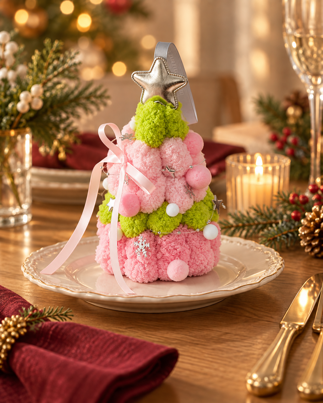 Pom-Pom Christmas Tree with Gold Star and Ribbon