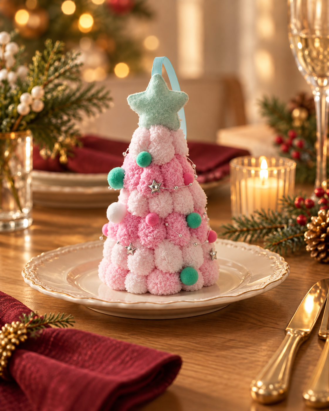 Pom-Pom Christmas Tree with Gold Star and Ribbon