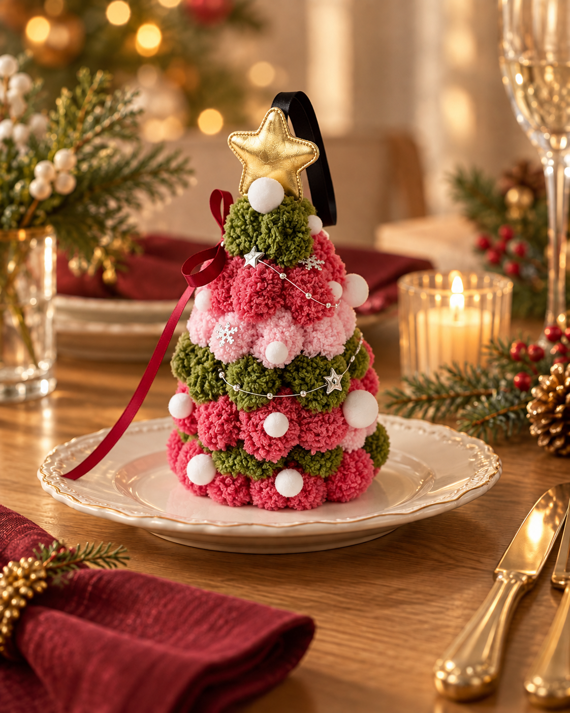 Pom-Pom Christmas Tree with Gold Star and Ribbon