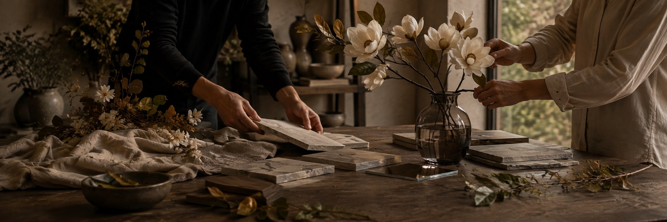 Floral collaborators reviewing tactile material samples and shaping ivory botanicals around a smoky glass vase