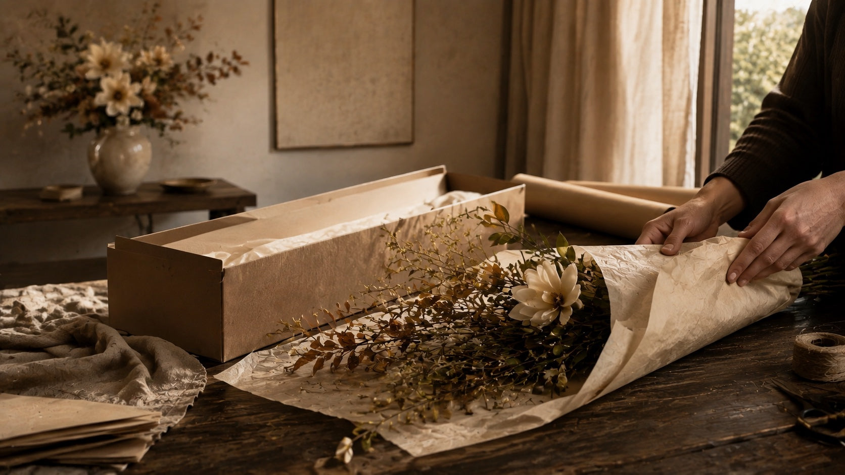 Long faux botanical stems being wrapped and prepared for dispatch on an atelier table
