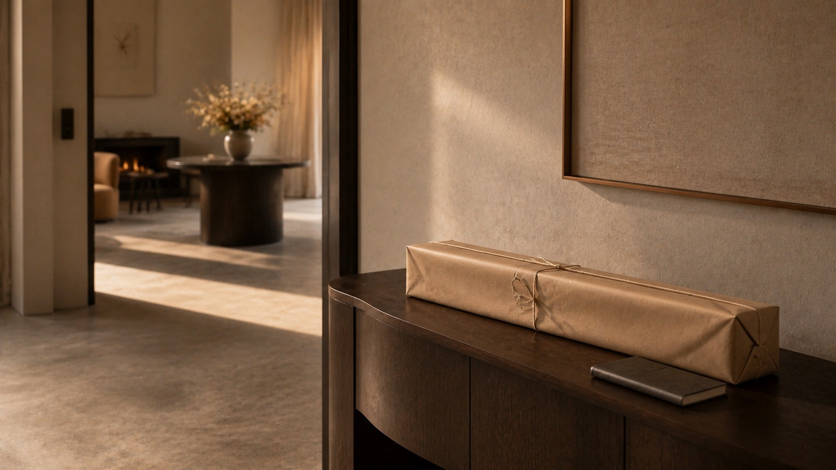 A carefully wrapped botanical parcel waiting in a refined entryway