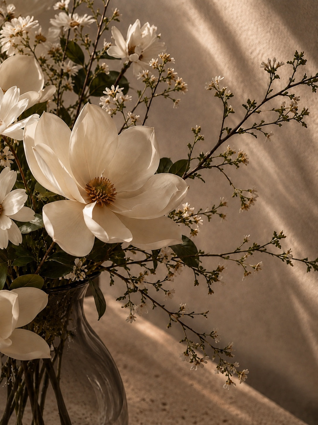 Close view of white petals, branching lines and smoky handcrafted glass