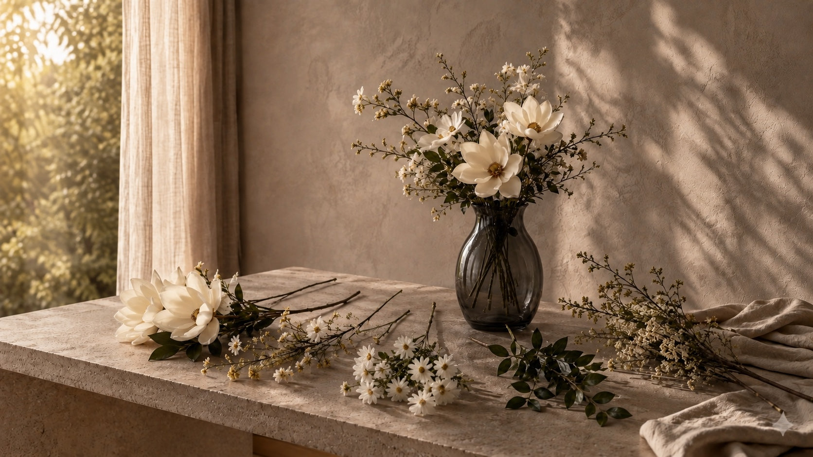 White botanicals and individual stems ready to be selected and combined around a smoky vase