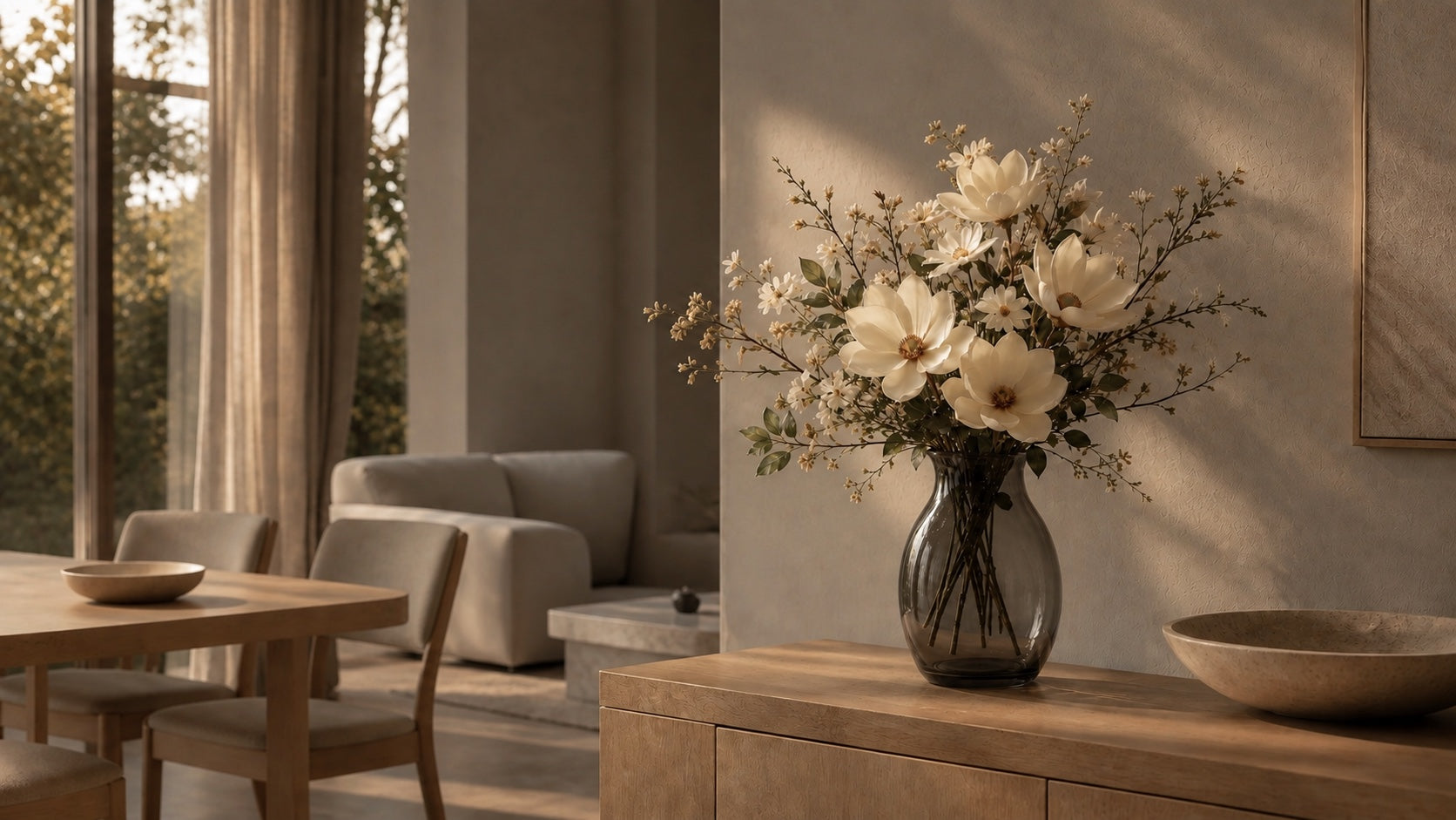 A lasting white floral composition in a smoky vase within a light-filled home